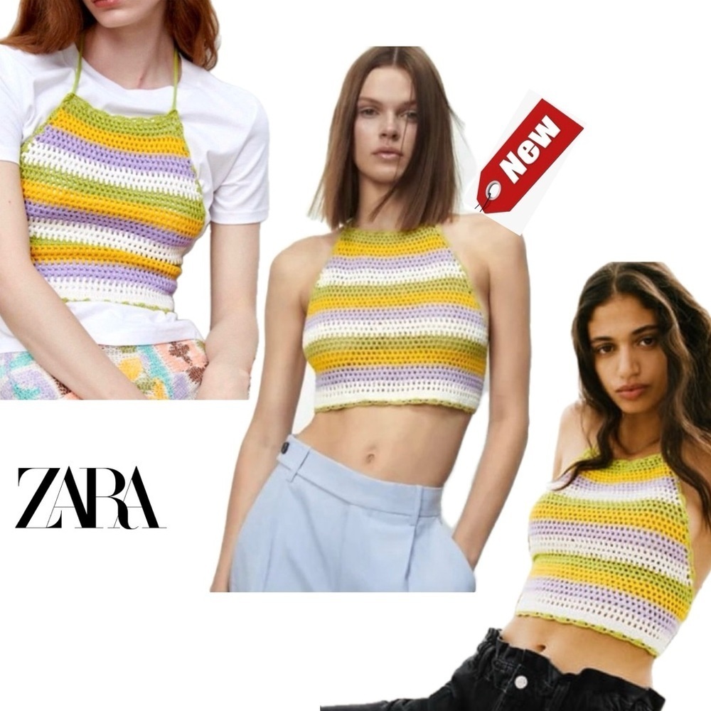 Zara crochet knit striped open back strappy halter crop top NWT festival beach